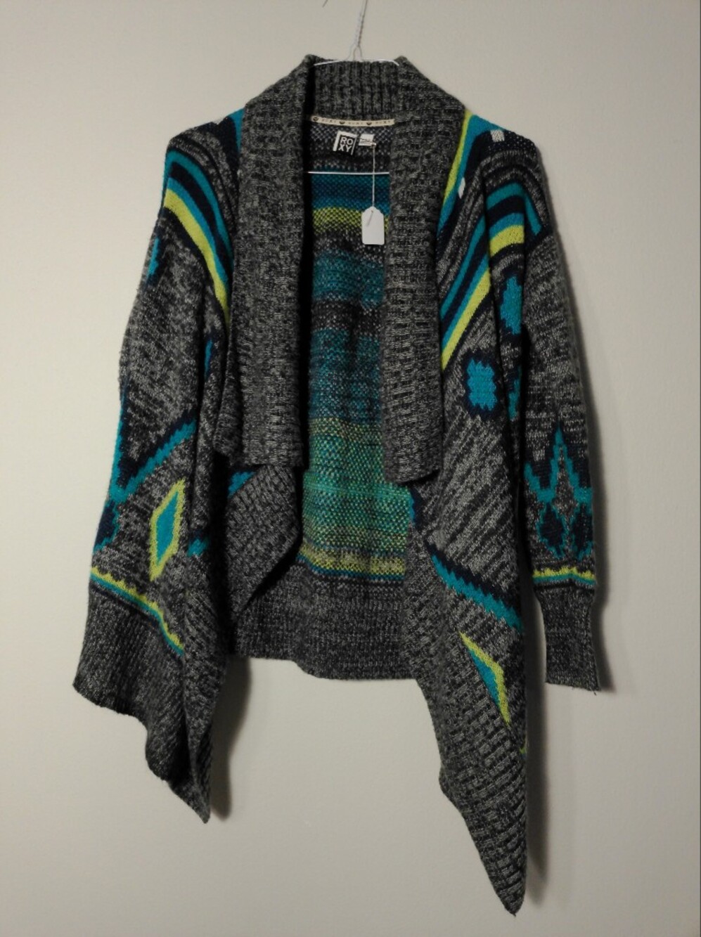 Roxy Southwestern Aztec Geometric Open Front Cardigan Gray Teal